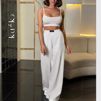 Vente de gros Nouveau caraco court teint uni d'été pour femmes, décontracté, régulier, tricoté, pantalon à jambes larges, ensemble Homewear