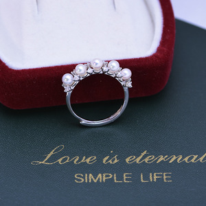 S925 Silver <b>Crystal</b> <b>Ring</b> for Women 4-5mm Mini Pearl Round with Strong Light Five Beads Adjustable Fine Flaws Wholesale - Product Image 4