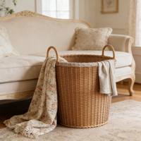 Panier à linge en rotin tressé à la main HN, anti-effraction, avec poignées en fer, style luxe léger, grande capacité de rangement pour salle de bain et chambre à coucher