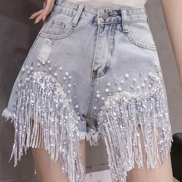 Wholesale Custom Casual Fashionable Tassels Jeans Short Heavy Beaded Sequins Ripped Hot Pants With Fringles For Ladies