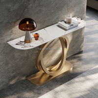 Mesa Consola de Diseño Moderno para el Hogar con Estructura Dorada y Tapa de Mármol en Forma de Elipse