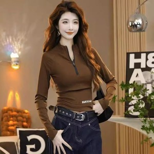 Women's Zipper High Neck Letter Print Base Layer T-Shirt Slim Fit Elastic Soft Knit Top Autumn Fashion - Product Image 1