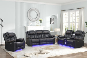 Canapé inclinable électrique moderne en similicuir en forme de U avec LED, 3 pièces (canapé + causeuse + fauteuil) avec porte-gobelets, console causeuse et haut-parleurs Bluetooth - Product Image 6