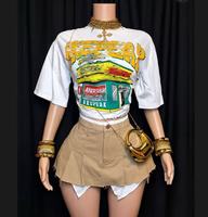 PEEQI Pakaian Musim Panas Katun Wanita Kaos Cetak Digital Lengan Pendek dan Celana Pendek Denim Kasual Streetwear Set 2 Potong Wanita