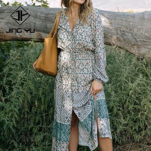 Robe longue décontractée à manches longues à boutons imprimés de style bohème rétro chic, robe maxi luxueuse 100% rayonne - Product Image 1