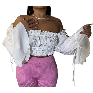 Women's Sweet Style Breathable Print Chiffon Crop <b>Top</b> Balloon Sleeves <b>Ruffles</b> Spring Summer White Color SKINNY Fit Blouse - Product Image 1