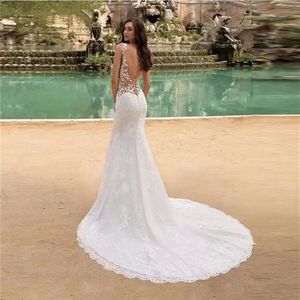 Mermaid Wedding Dress V-Neck Lace White Slim Fit Beach Runway Style - Product Image 2