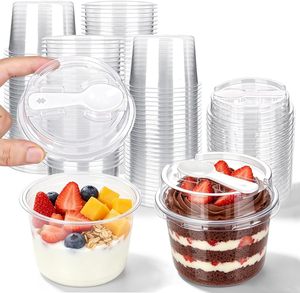 Vaso de Plástico PET Transparente Redondo de 250 ml y Cuadrado de 350 ml para Postres, con Cucharas y Tapa, Recipientes de Grado Alimenticio para Mousse, Pudín y Queso - Product Image 1