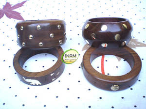 Antique Handmade Beautiful and Designer Wooden Bangles with Brass Inlay Work - Product Image 2