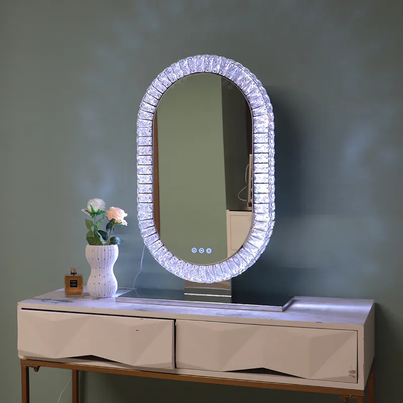 Miroirs ovales de salon de coiffure en cristal diamant simple face avec lumières led