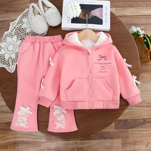 2026 Hot Sale 1-5 jaar meisjes warme trainingspakken strik lange mouw capuchon rits fleece jas broek 2-delige set kinder winterkleding - Product Image 3