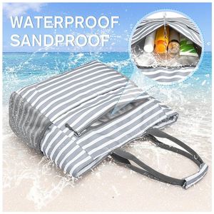 Bolso de Playa Extra Grande con Correa para la Muñeca, Impermeable, con Múltiples Bolsillos, a Rayas, para Mujer, con Cierre, a Prueba de Arena, Familiar - Product Image 4