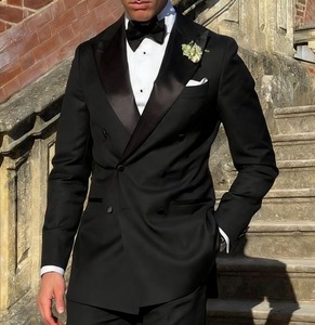 Costume Homme Sur Mesure Style Italien Croisé Slim en Laine pour Mariage et <span class=keywords><strong>Cérémonie</strong></span> – Blazer et <span class=keywords><strong>Pantalon</strong></span> Noir Pur – Grande Vente - Product Image 1