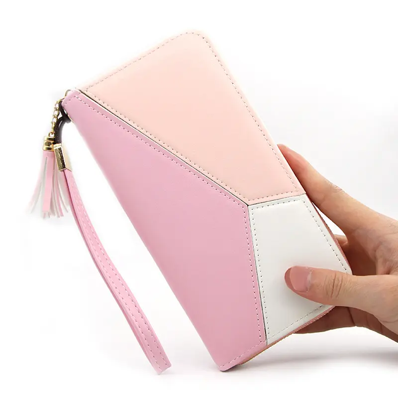 2020 New Large Capacity Women Long Wallet with Wristband, Patchwork Synthetic Leather Zipper Wallet Phone Case for Women Wholesa