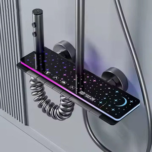 Ensemble de <span class=keywords><strong>douche</strong></span> de salle de bain à affichage LED <span class=keywords><strong>en</strong></span> aluminium spatial avec mitigeur thermostatique à effet pluie et douchette à main massante 5 fonctions - Product Image 2