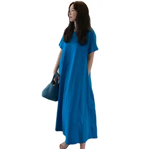 New Korean Style Women Casual Oversized Cotton Dress Loose Fit Long T-Shirt Dress with Pocket