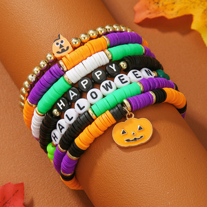 Cartoon Beaded Bracelet <b>Set</b> Halloween Accessories Multi Layered Polymer <b>Clay</b> Pumpkin Skull Charm Women's Fashion Jewelry - Product Image 2