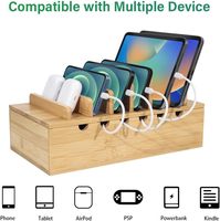 Station de charge verticale en bambou pour plusieurs appareils, organiseur de bureau compatible iPhone, inclut 6 câbles