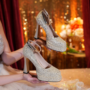 Y9595-5 Glitter <b>Platform</b> Block <b>Heel</b> <b>Ankle</b> <b>Strap</b> Mary Jane Pumps Round Toe Satin Lining Wedding Dress Shoes - Product Image 3