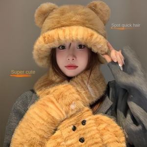 Chapeau de pêcheur moelleux à oreilles d'ours mignon, <span class=keywords><strong>gants</strong></span> chauds, écharpe de dessin animé, cache-cou d'hiver, 100% acrylique, style image - Product Image 2