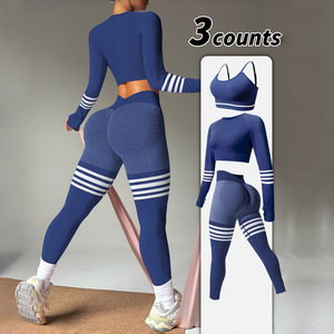 Conjunto Deportivo de 3 Piezas para Mujer, Sujetador Deportivo con Espalda en V, Leggings, Traje de Yoga para <span class=keywords><strong>Gimnasio</strong></span>, Correr al Aire Libre, Entrenamiento, Leggings de Manga Larga, Traje Elástico - Product Image 2