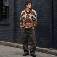 Cardigan en tricot surdimensionné vintage pour homme, personnalisé ODM/OEM, avec motif géométrique brodé, anti-boulochage, fermeture éclair