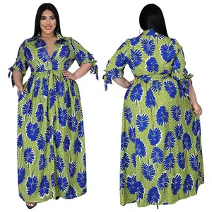 Wholesale maxi clothes dress women long sleeve woman blouse dress long blue and green printed shirt dress plus size ladies