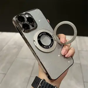 Luxus 360° rotierender Stand magnetische Telefonhülle ultra dünne Abdeckung Harter PC galvanisierte Glitzerhülle für iPhone 14 15 Pro Max