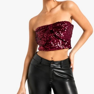 Nouveau design – Crop top bandeau à sequins avec détail nœud – Top bustier sexy bordeaux pour femme - Product Image 3