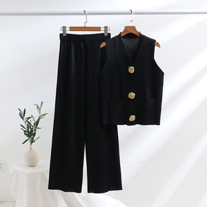 Conjunto de moda de verano informal para mujer, chaleco de botón de punto transpirable y pantalones de pierna ancha con patrón sólido, combinación perfecta - Product Image 3