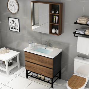 Meuble de salle de bain moderne monté en bois de <span class=keywords><strong>chêne</strong></span> massif en ligne technique double lavabo meuble avec lavabo et miroir - Product Image 5