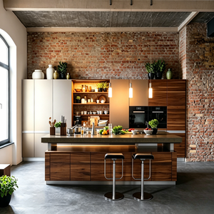 Meuble de cuisine haut de gamme sur mesure avec base en bois de noyer et accents noirs pour maisons modernes à plan ouvert - Product Image 4
