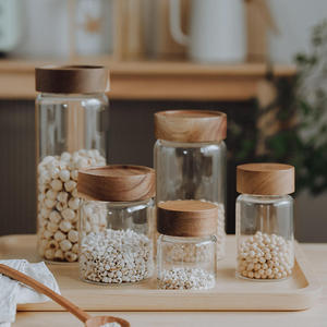 <span class=keywords><strong>Set</strong></span> di Barattoli in Vetro Rotondi per Alimenti con Coperchio Ermetico in Legno di Acacia, Contenitore per Spezie in Vetro Borosilicato per Accessori da Cucina - Product Image 2