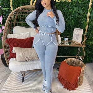 Set di pantaloni Skinny con Logo personalizzato <span class=keywords><strong>tuta</strong></span> <span class=keywords><strong>da</strong></span> <span class=keywords><strong>donna</strong></span> lavata vecchio Set aderente a costine due pezzi Set Leggings abiti all'ingrosso - Product Image 1