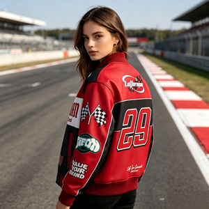 แจ็คเก็ตมอเตอร์ไซค์แบบวาร์ซิตี้สั่งทำจากโรงงานโดยตรง รับสั่งทำแพทช์โลโก้และกราฟิกแบบซับลิเมชั่น เสื้อแจ็คเก็ตกันลมทำจากหนังเทียม - Product Image 2