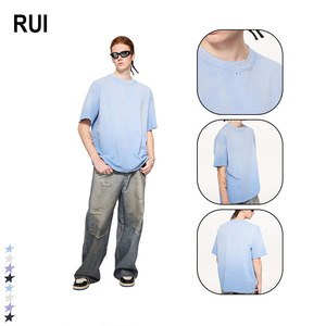 RUIQUWIN Custom Men's High Street Washed Short Sleeves Quick Dry Breathable T Shirt Distressed <b>Spray</b> Color Vintage Streetwear - Product Image 1