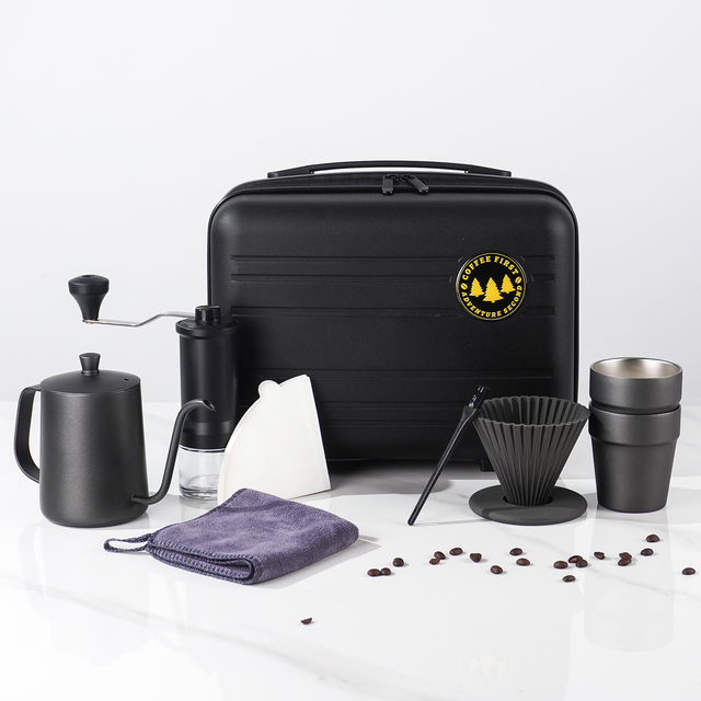 Portable Gooseneck Kettle Manual Grinder Pour Over Coffee Maker Coffee Set Gift Box 9 Pieces Coffee Tools Set With Travel Bags