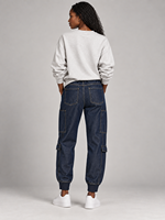 Pantalon cargo en jean pour femme, bleu foncé, taille à cordon de serrage, multi-poches