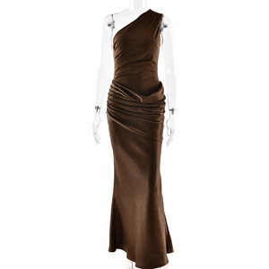 Vestido Largo Ajustado de Satén Asimétrico de Un Solo Hombro, Cintura Alta, Elegante para la Noche - Product Image 5