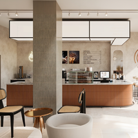 Comptoir de bar ondulé en bois brun chaud, vitrine transparente, éclairage LED, style moderne minimaliste, boutique de luxe, café