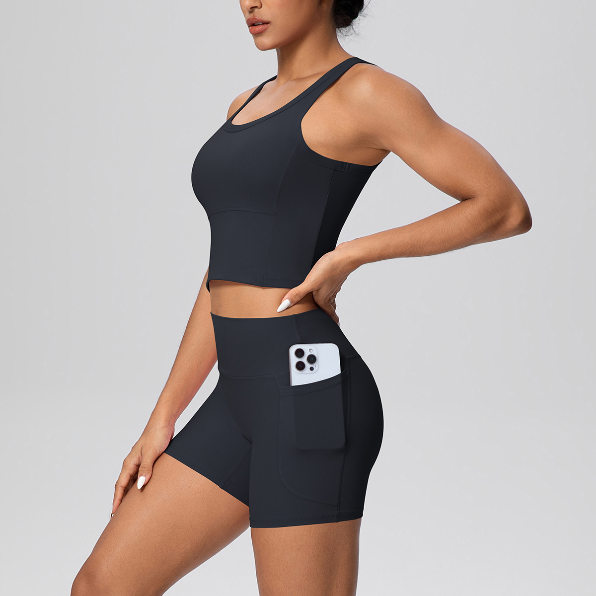 TongJoes Brushed Solid Lightweight Breathable Wrinkle-Resistant Scoop Neck Tank Top High Waist Pocket Pants Yoga Sports Fitness