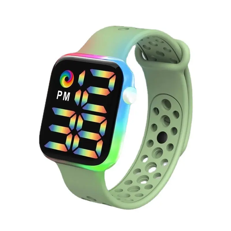 2022 New LED Small Square Electronic Watch Cool Rainbow Waterproof Digital Sports Fashion Children's LED Rainbow Bezel Watch