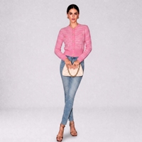 Cardigan en acrylique rose pour femme, style classique, col rond, boutons en strass à une rangée, coupe ajustée, manches longues, anti-plis