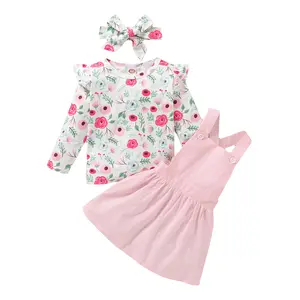 Set Pakaian Bayi Perempuan Gaya Korea, Blus Motif Bunga Lengan Panjang + Rok Halter Warna Solid, Tiga Setelan Baju 2020