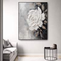 Peinture à l'huile florale blanche texturée moderne, art minimaliste neutre sur toile, art mural floral 3D en impasto, cadre élégant, décoration intérieure