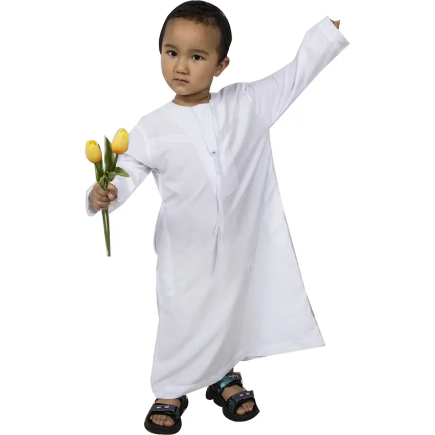 Quần áo Ả Rập Hồi giáo trẻ em abaya thobe mất kaftan Arab trẻ em dài trắng Hồi giáo trẻ em Cổ áo tròn