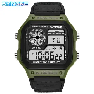 SYNOKE 9619 lüks yeşil erkek dijital saat şık tuval saat kayışı su geçirmez hafta ekran muhtasar spor saat seti