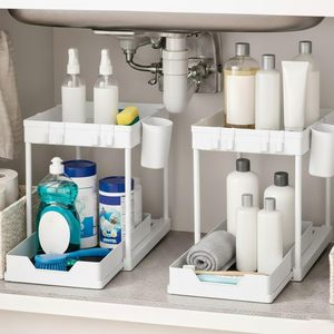 Multifunctional 2-Tier Sliding Under-Sink Plastic Non-Folding Eco-Friendly <b>Basket</b> Organizer Drawer Kitchen Bath Tools Holder - Product Image 1