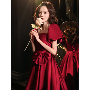 Burgundy Satin A-Line Bridesmaid Dress Scoop Neck Natural Waist Vintage Style Long Length - Product Image 3