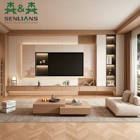 Meuble TV mural contemporain crème et bois avec niche encastrée pour écran, éclairage intégré et placards latéraux à ouverture par pression
